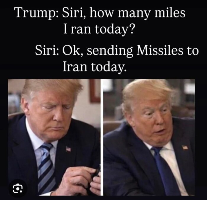 Meme med två bilder av en man som interagerar med Siri och får en missuppfattad fråga om löpning resulterande i svar om missiler till Iran.