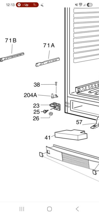 Ritning av kylskåpsdelar, inklusive gångjärn och monteringskomponenter, för Electrolux QR2619K modell med trasig undersida dörr.