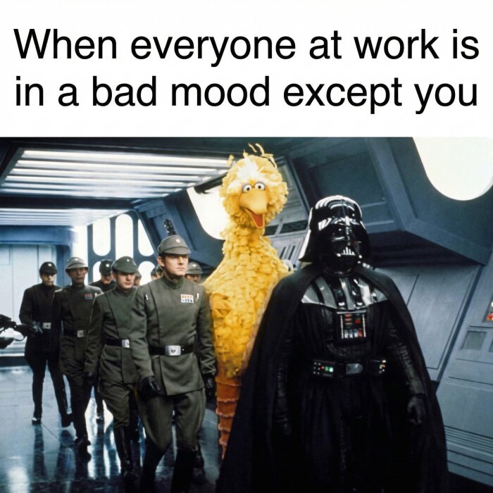 Kollage av Darth Vader, stormtruper och en stor gul fågel i en rymdskeppsgång, med texten "When everyone at work is in a bad mood except you" ovanför.