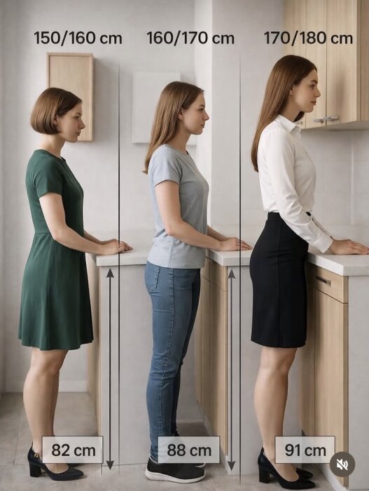 Tre kvinnor av olika höjd står vid diskbänkar. Höjderna matchas mot skåpshöjder: 150/160 cm, 160/170 cm, och 170/180 cm.
