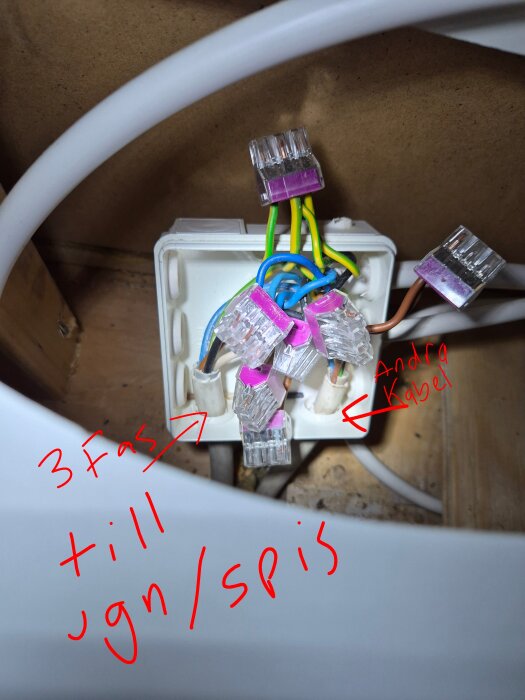 Kabelbox med synliga kopplingar och anslutna kablar, märkt "3Fas till ugn/spis" och "Andra Kabel" i röd text på vit bakgrund.