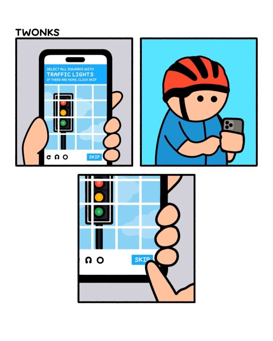 Serie med bilder där en person med cykelhjälm kämpar med att bekräfta trafikljus i en bildverifiering på sin telefon.