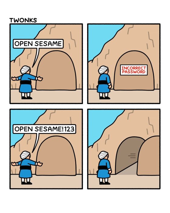 Tecknad figur försöker öppna en grotta genom att säga "Open Sesame" men misslyckas, sedan lyckas med "Open Sesame!123".