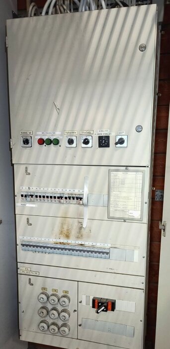 En äldre elcentral med många kablar och knappar, samt en rad med blandade säkringsfabrikat, delvis smutsig på framsidan.