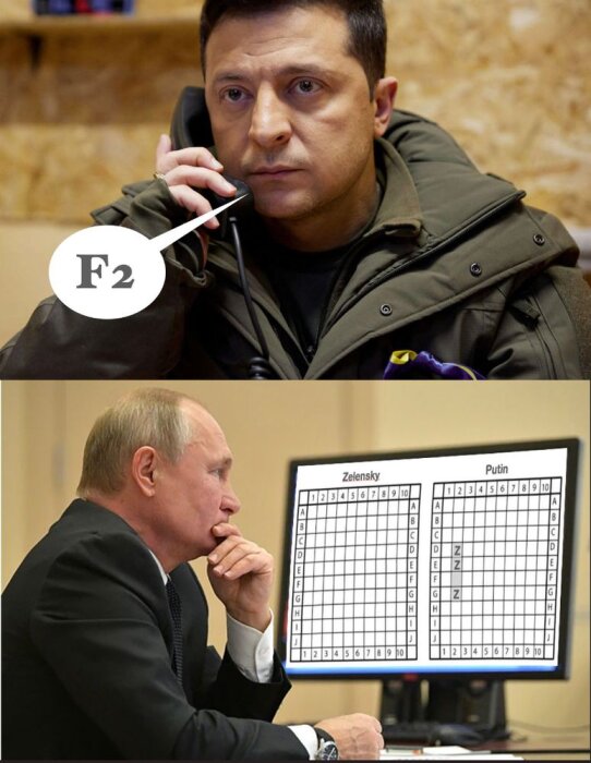 Två män kommunicerar via telefon. Den ena säger "F2". En skärm med ett spel liknande sänka skepp syns i bakgrunden.