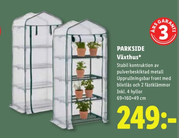 Växthus med fyra hyllor, uppbyggt av pulverbestruket metall, genomskinlig framsida med dragkedja, innehållande krukväxter.
