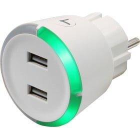 USB-säkerhetstimer med två portar, rund design, vit med grön lysande ring, anslutningsdel i vägguttag.