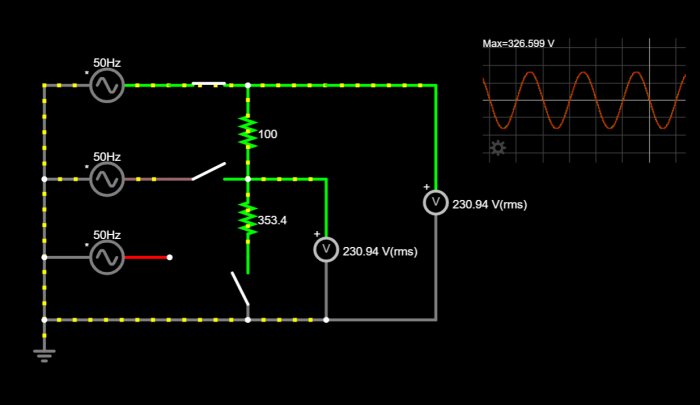 Schematisk elkrets med tre faser, resistorer och sinuskurva, som illustrerar felkoppling och mätning av 230V potentialskillnad.