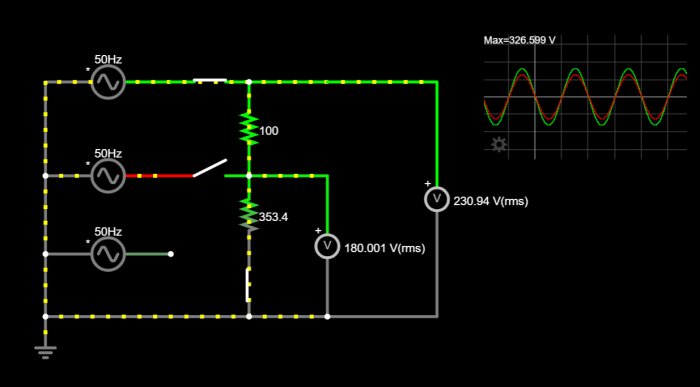 Ett elektriskt kopplingsschema visar mätningar av spänning mellan faser med värden 180V och 230V RMS, och en sinusvågsgraf.