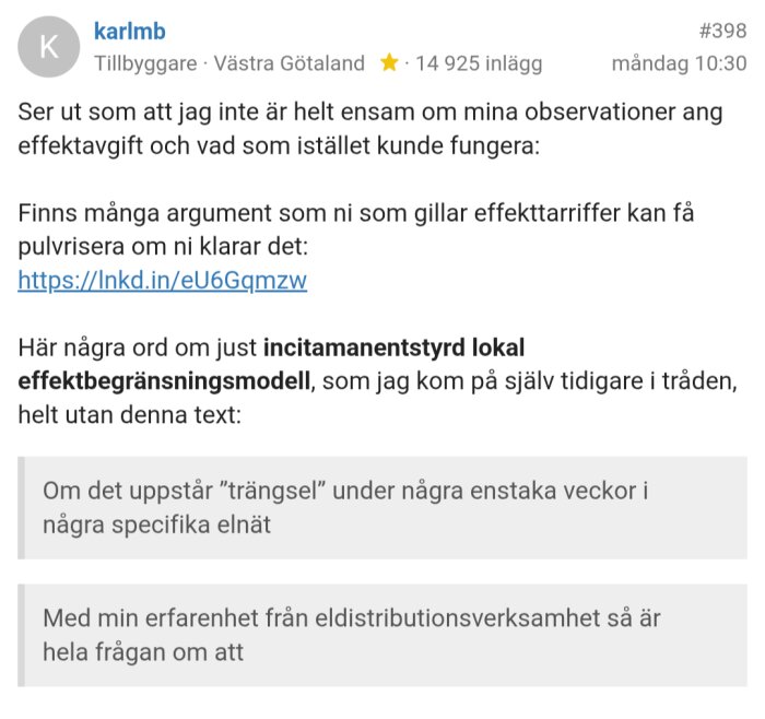 En skärmbild av ett forumdiskussionsinlägg från användaren karlmb som diskuterar effekttariffer och lokala effektbegränsningsmodeller med länk till LinkedIn.