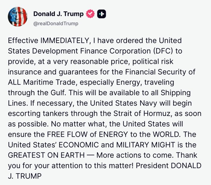 En skärmdump av en tweet från Donald J. Trump där han talar om USA:s energipolitik och militärmakt.