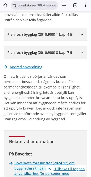 Boverkets webbsida om Plan- och bygglag med information om ändrad användning av byggnader och länkar till relaterad information.