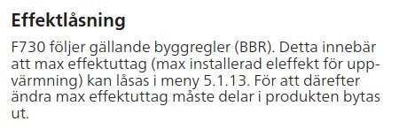 Textavsnitt om effektlåsning för F730 enligt BBR, med instruktioner för inställning och ändring av max effektuttag.