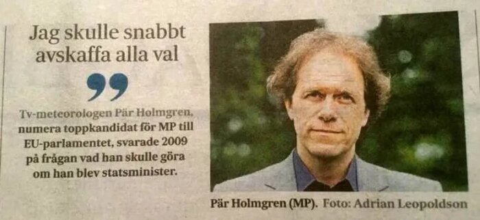 Tidningsklipp med citat från en person kopplad till Miljöpartiet, anges ha uttalat sig om politiska åtgärder och framtidsperspektiv.