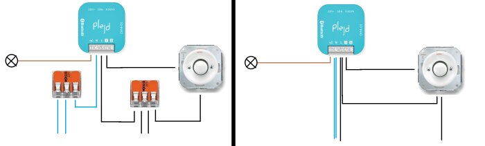 Kopplingsschema för Plejd DIM-01 enhet, visar anslutning av ljuskälla, dimmer och kopplingsklämmor Wago 221.