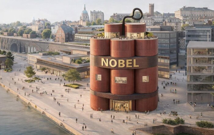 Modernt rött tegelbyggnad med texten "Nobel" och folk runtom, stadsbakgrund med kyrka och moderna byggnader i panoramavy.