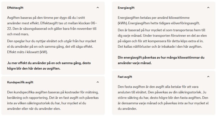 Informationsruta som förklarar effekttaxa, energitaxa, kundspecifik taxa och fast avgift för elanvändning med fokus på kilowatt och säkringsstorlek.