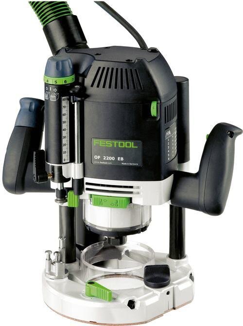 Festool OF 2200 EB fräs, svart och grön, med dubbla handtag och graderad djupinställning, används för precisionssnickeri.
