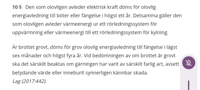 Text från en lagparagraf om straff för olovlig energiavledning, inklusive böter och fängelse.