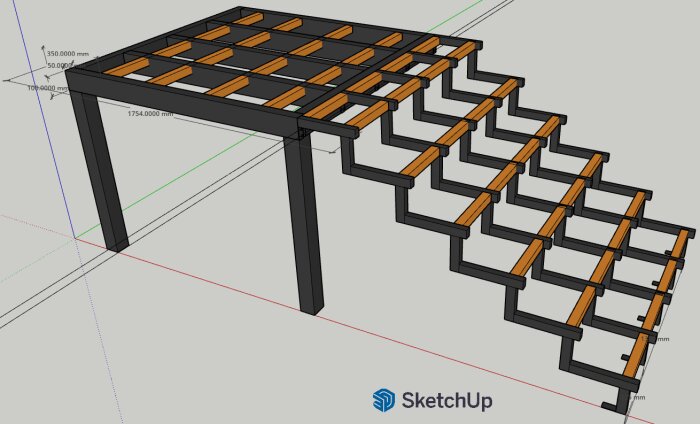 Konstruktion med stegformad ram och orange förstärkningar, skapad i SketchUp, för feedback om förstärkningsbehov och design.