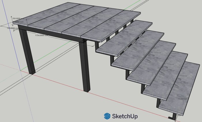 3D-modell av en trappa med platta steg och underliggande förstärkningar i olika färger, bedöms för konstruktionsfeedback.