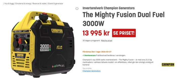 Champion Generators The Mighty Fusion 3000W dual fuel inverterelverk, priset 13 995 kr, svart och gul design med handtag för portabilitet.