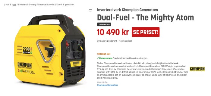 Gul Champion inverterelverk med 2200 watts kapacitet och Dual Fuel-alternativ visas på en produktinformationssida med pris och leveransalternativ.