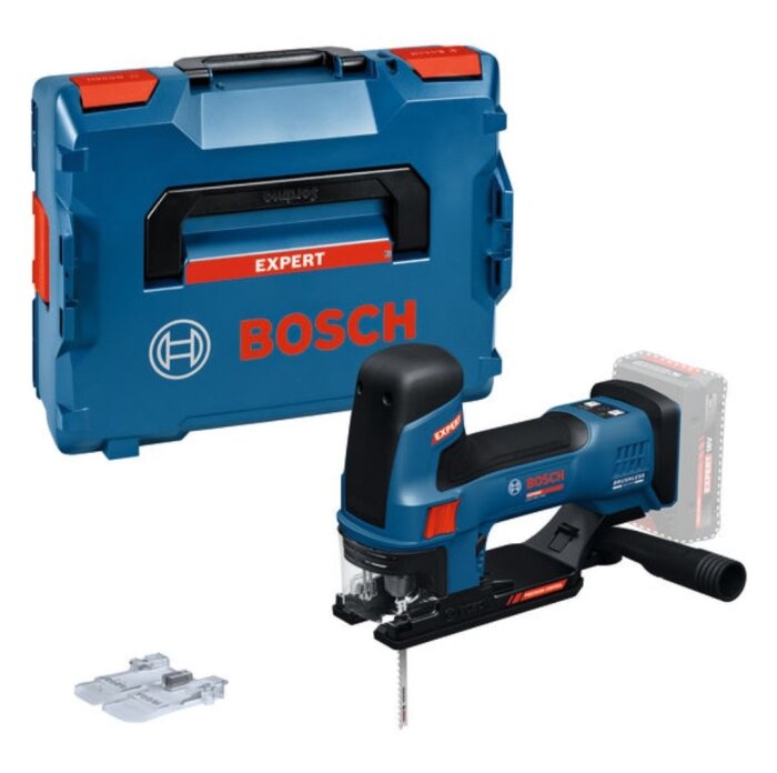 Batteridriven Bosch Expert-sticksåg med blå förvaringslåda, set för bladstyrning och justeringstillbehör.