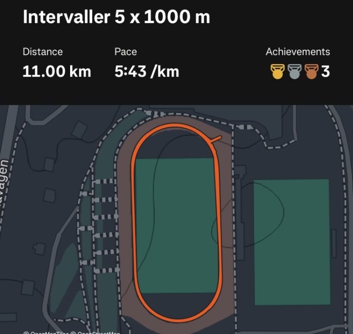Löprunda på en oval bana med statistik: 5x1000 m intervaller, totaldistans 11 km, tempo 5:43/km, och tre prestationer markerade med medaljer.