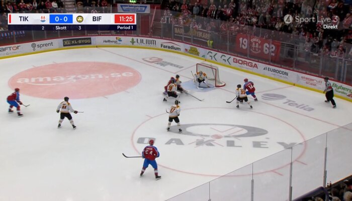 Ishockeymatch mellan två lag, TIK och BIF, med spelare i röda och vita dräkter nära målet. Fans på läktaren och matchtid 11:25 visas.