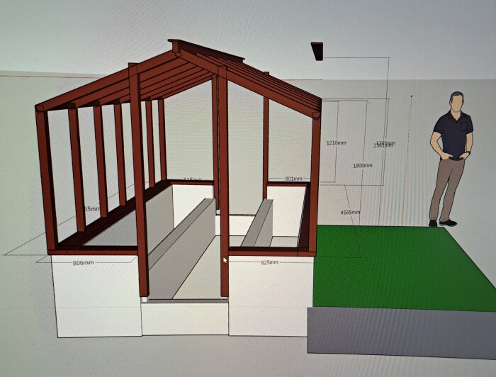 3D-modell av en byggkonstruktion med väggstativ och takbjälkar, uppställd på en murad grund, med en person figur för skala.