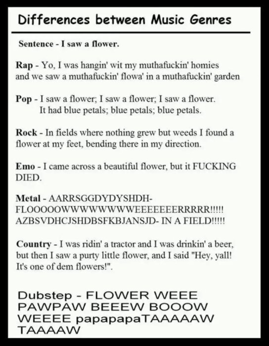 Bild med humoristisk text om hur olika musikgenrer skulle beskriva att se en blomma, inklusive rap, pop, rock, emo, metal, country och dubstep.