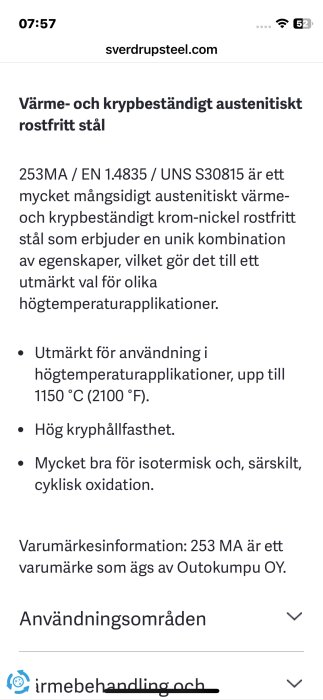 Text om 253 MA stål, ett värme- och krypbeständigt rostfritt stål från Sverdrupsteel, med specifikationer om dess höga temperaturtålighet.