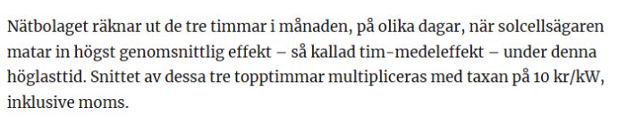 Nätdriftbeskrivning för solcellseffekt, avgiftsstrukturen för höglasttimmar.