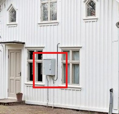 Fasad av ett trähus med inkommande elledning och elmätare monterad mellan två fönster.
