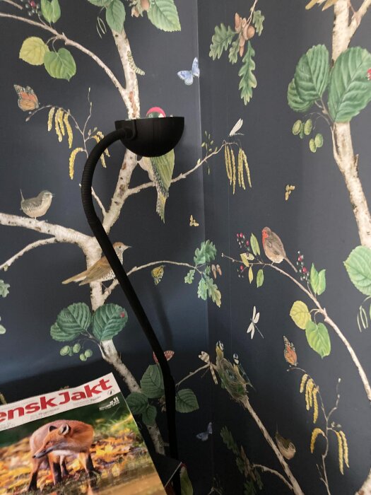 Läslampa i hörn av vardagsrum med mörk tapet dekorerad med fåglar och fjärilar, tidningen Svensk Jakt på bordet.