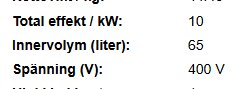 Utdrag ur produktspecifikation med total effekt 10 kW, innervolym 65 liter och spänning 400 V.