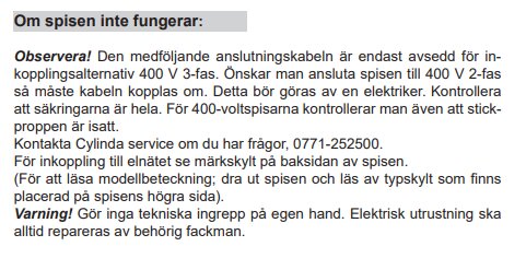 Text med instruktioner och varningar om anslutning av spis samt kontaktinformation till Cylinda service.