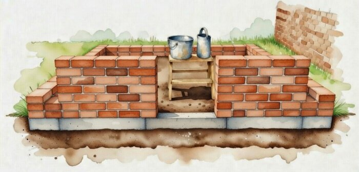 Betongfundament med tegelväggar ovanpå, hinkar och en stege inuti, placerad utomhus på marknivå.