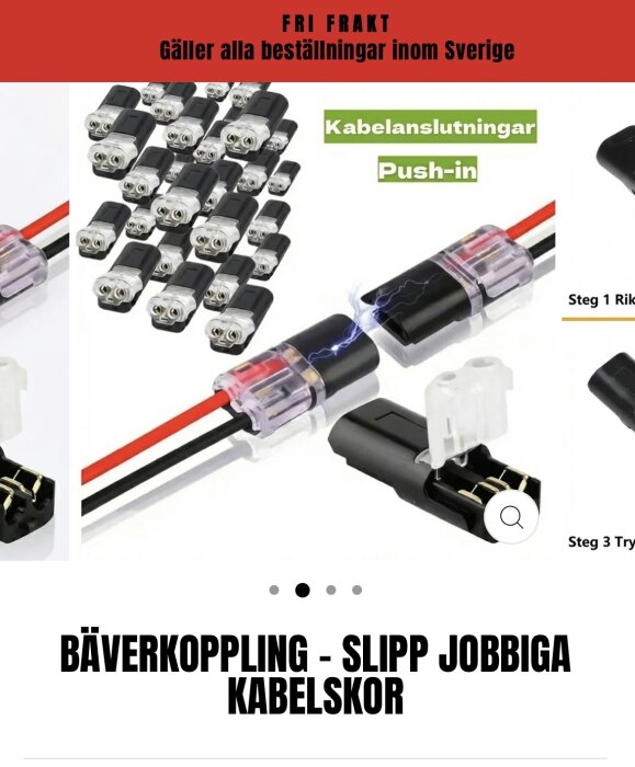 Push-in kabelanslutningar visas med flera kontakter och instruktioner. Text: "Bäverkoppling - slipp jobbiga kabelskor", "Kabelanslutningar Push-in". Gratis frakt inom Sverige.