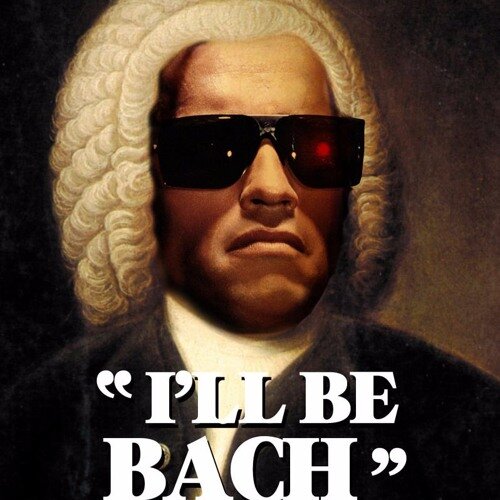 Porträtt av en man med vit peruk, mörka glasögon och texten "I'll Be Bach".
