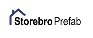 Logotyp för Storebro Prefab, visar företagets namn och en husikon ovanför bokstaven 'S'.