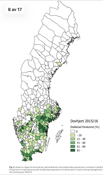 Karta över Sverige som visar förekomst av dovhjort 2015/16, färgskala från ljust till mörkt grön för olika procentsatser av etablerad förekomst.