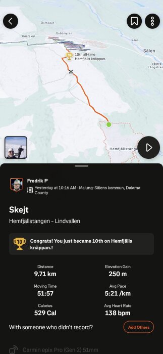 Kartvy av en rutt på Hemfjällstangen med statistik som total distans, höjdskillnad, genomsnittlig takt och hjärtfrekvens för en skidåkningsaktivitet.