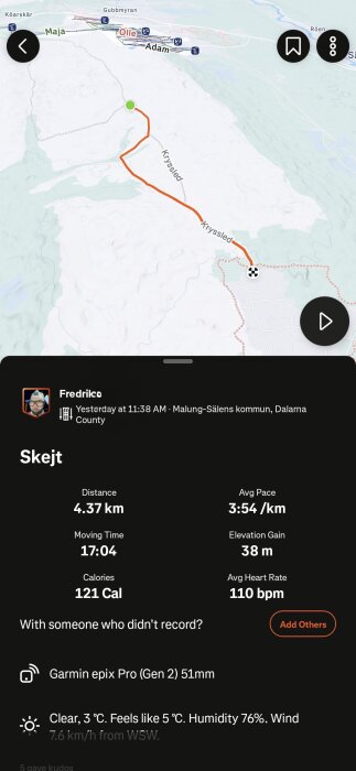 Karta över skidspår i Malung-Sälen kommun, Dalarna, med rutt markerad i orange. Detaljer om distans, tid och hjärtfrekvens visas nedan.