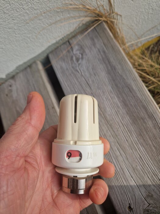 Termostat i en hand, i närbild mot en bakgrund av trä och torrt gräs. Termostaten visar en inställning på 9.