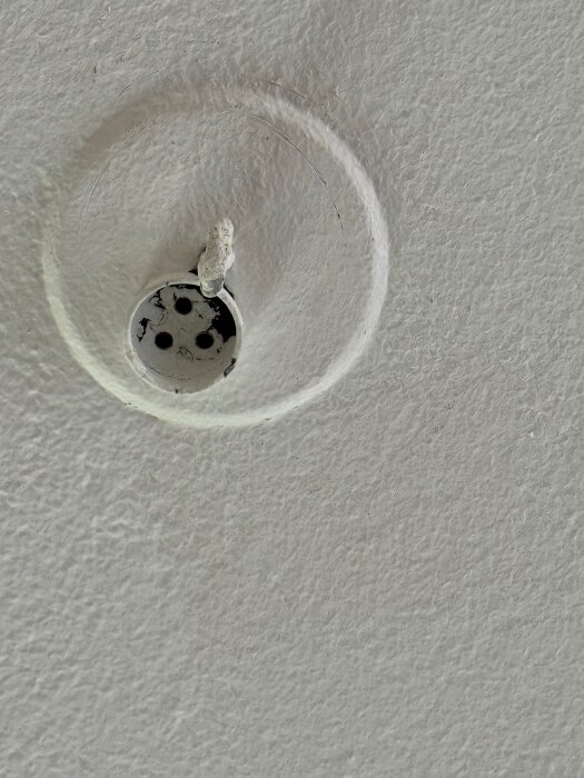 Jordad takkontakt med tre hål, monterad i ett tak, där besökaren söker hjälp med anslutning för att installera en lampa.