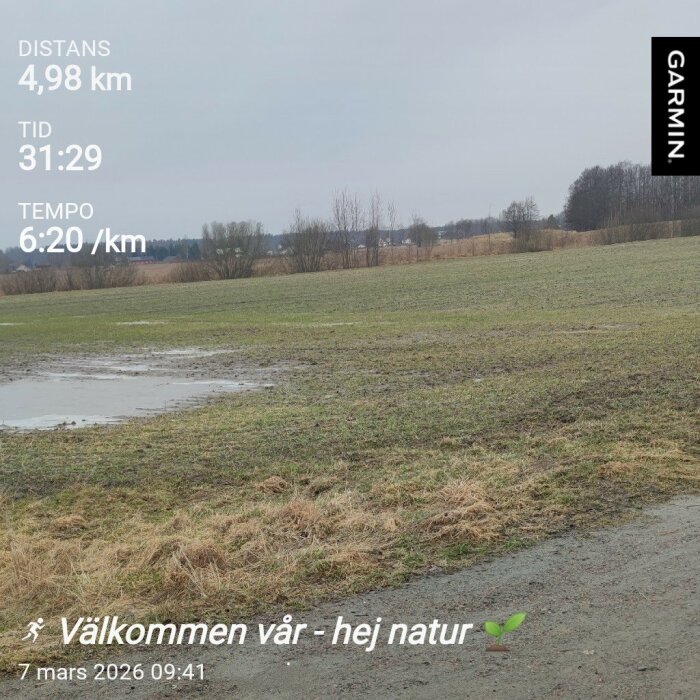 Gråmulen vårdag med gröna fält och träd i bakgrunden. Text på bilden visar distans, tid och tempo från en löprunda.