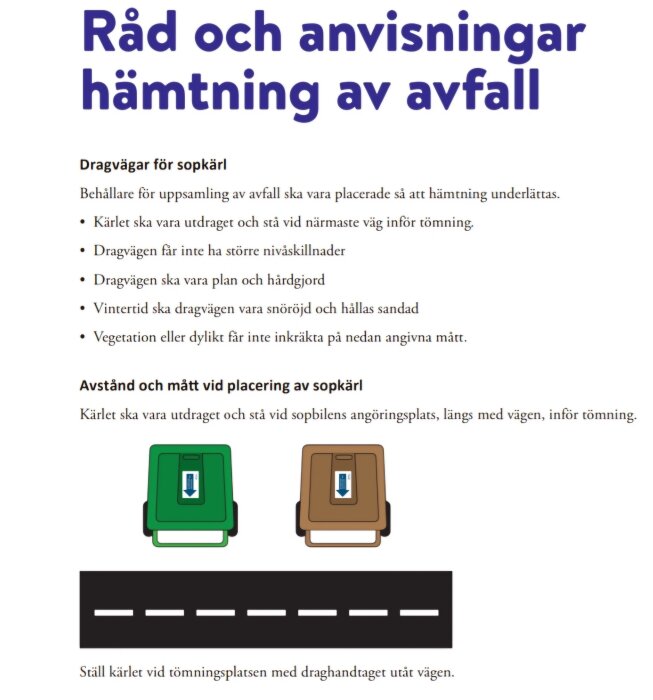 Instruktioner för placering av sopkärl vid väg för avfallshämtning, med illustrationer av kärl och väg, samt text om avstånd och dragvägar.