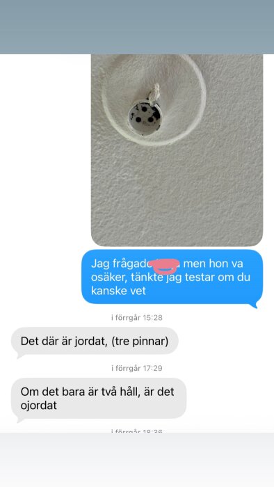 Rund elektrisk dosa i tak med tre hål, diskussion om huruvida uttaget är jordat eller ojordat.